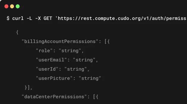 A terminal using a curl command to interact with the Cudo Compute API